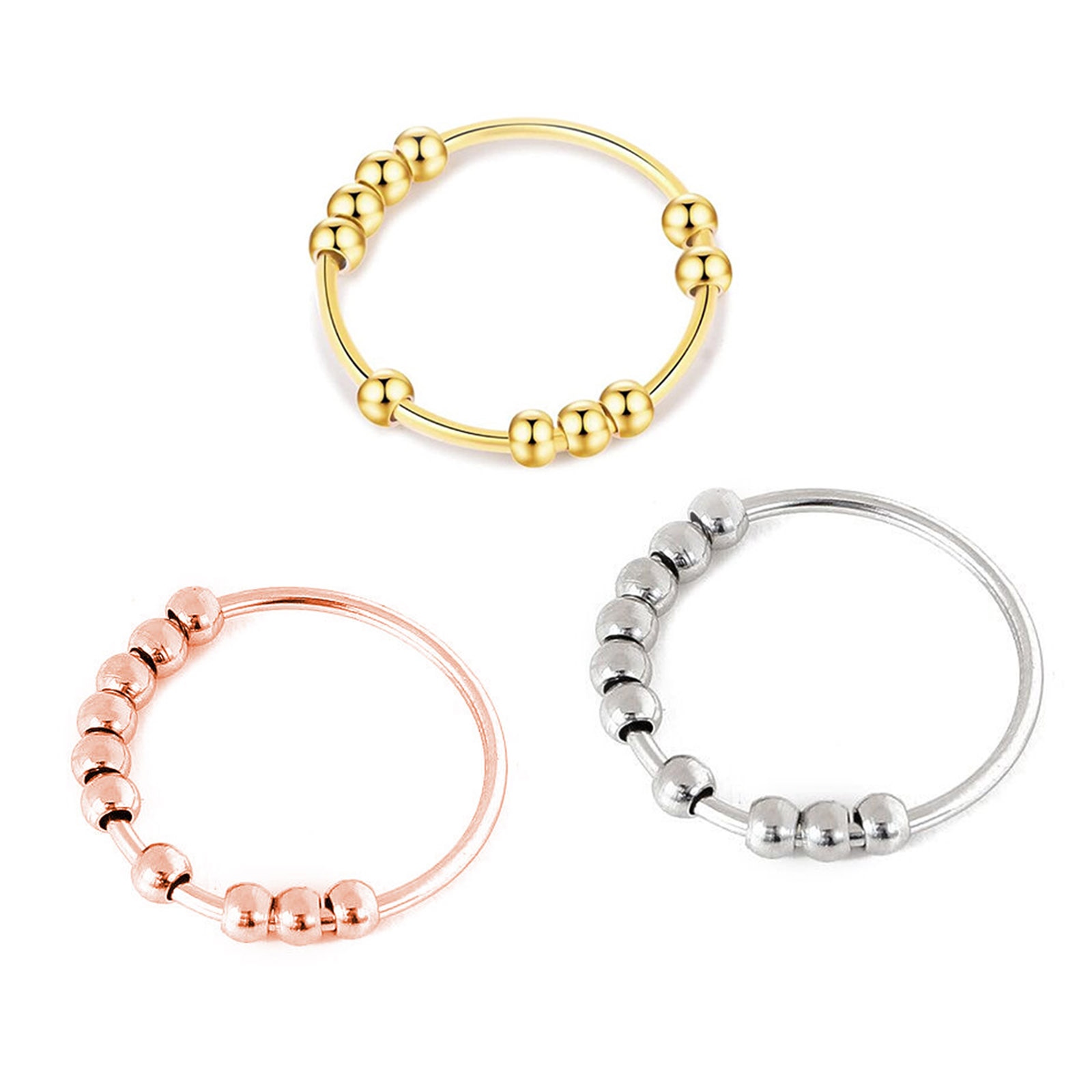 Simpel kobber ujusterbar stressaflastende angstring med perler fidget spinnerringe roterbare runde perler damesmykker