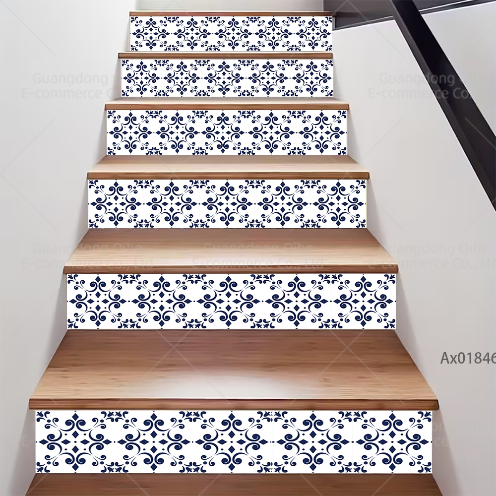 Minimalistische blauwe bloemen trapsticker, zelfklevende trapbekleding, duurzame decoratie voor binnentrappen, plintstickers, muurschilderingstickers.: Groot / Hemelsblauw