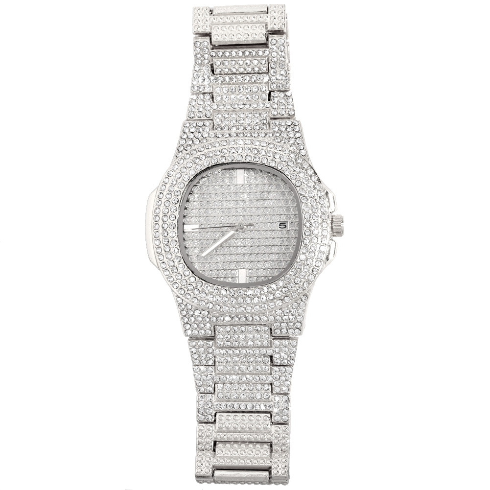 Iced out dameklokke gull sølvfarget firkantet diamanter kvarts luksuriøs hiphop-armbåndsur romersk klokke feminin relogio feminino: Flerfarget