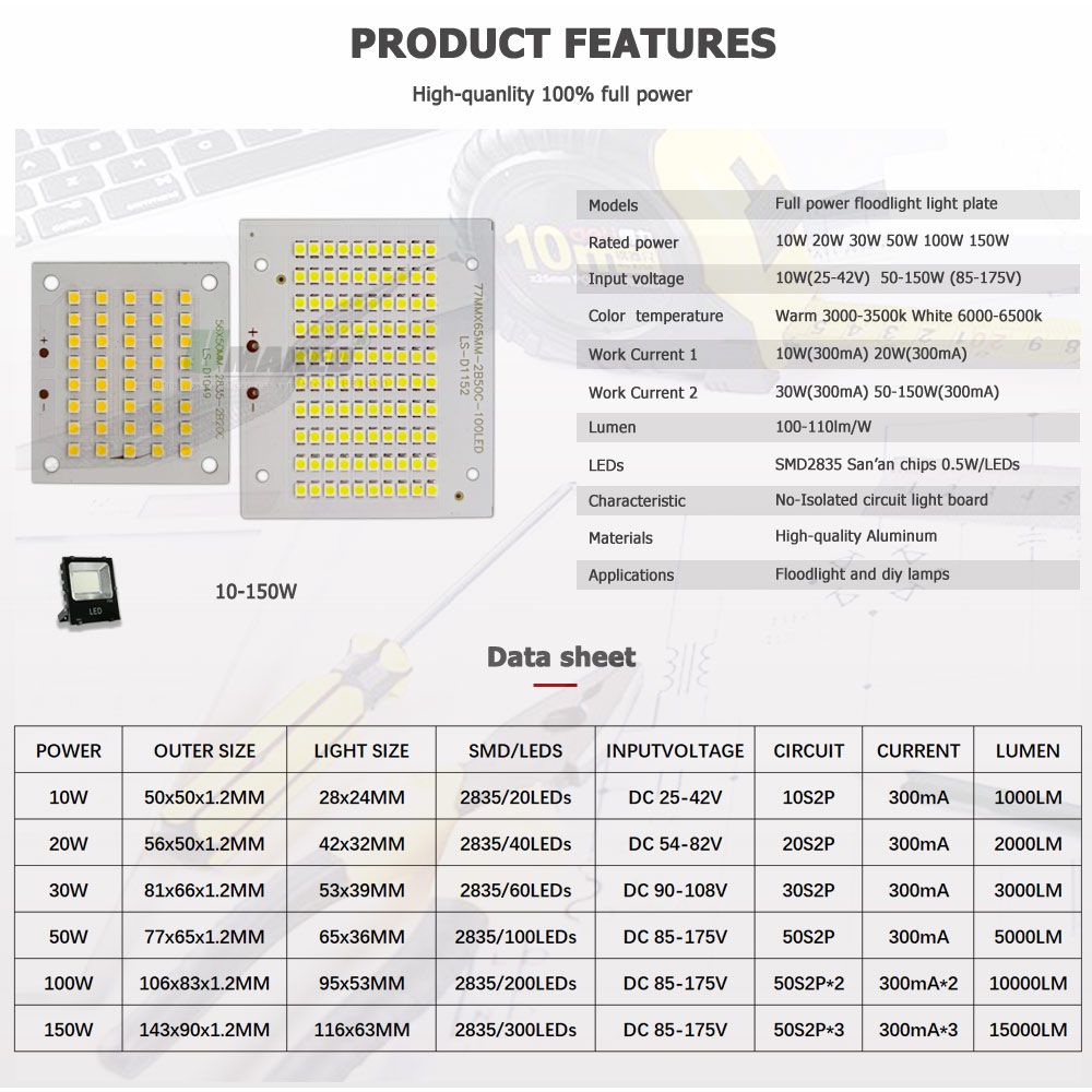 Placa de reflector LED PCB, reemplazo de 10W, 20W, 30W, 50W, 100W, 150W, SMD2835, disipador térmico de aluminio, Panel de fuente de iluminación para lámparas exteriores, 1 ud.