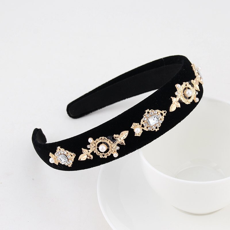 Hair Accessories Baroque Jeweled Pearl Hairband Crystal Rhinestone Bezel Velvet Satin Headband For Women Girls: Pattern 12