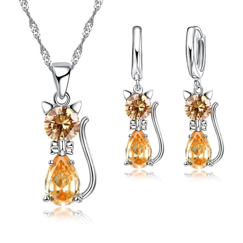 Brincalhão gato animal de estimação pingente colar e argola brincos conjuntos de jóias 925 prata esterlina charme feminino jóias presente de natal