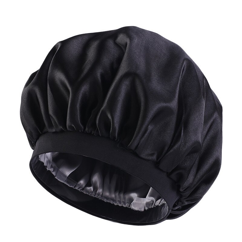 Oversized Double-layer Shower Cap, Stretch Wide-brimmed Satin Night Cap, Turban Cap: Black