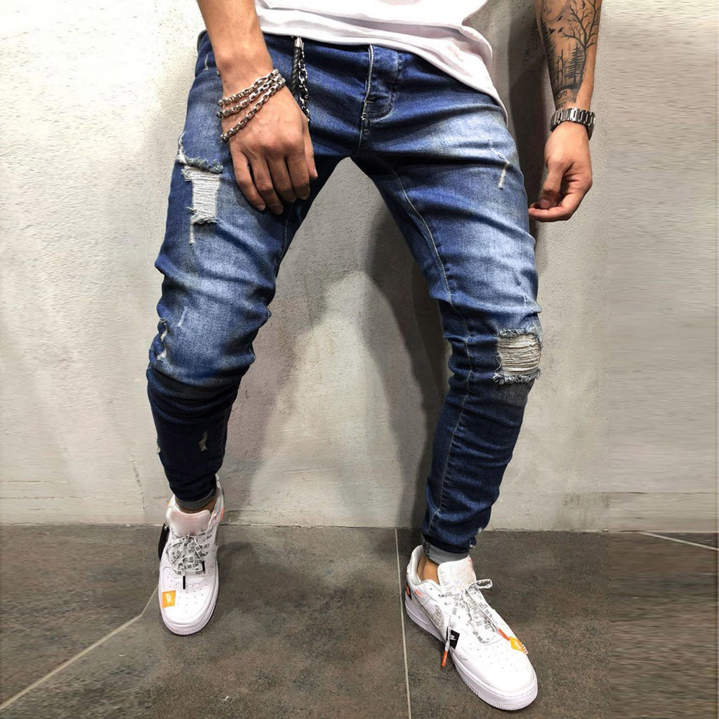Mannen Jeans Broek Herfst Denim Katoen Straight Pocket Broek Verontruste Vernietigd Gat Afgeplakt Slim Fit Denim Jeans Broek Jogger
