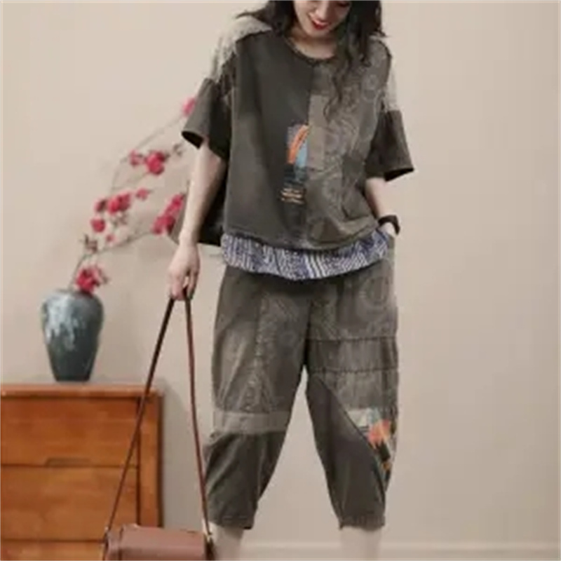 Conjunto de calças jeans Harlan de mulher, coreano, estilo étnico, pequeno, casual, roupa de alta qualidade, estampada, feminina, verão, novo, 2024: XL / Preto