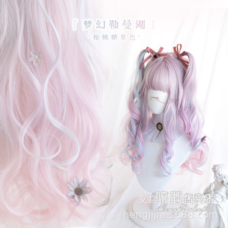 Heng Ji Lolita Harajuku Unicorn "Dream Leman Lake" Lolita round Face Long Curly Hair Double Ponytail Wig Lolita wig
