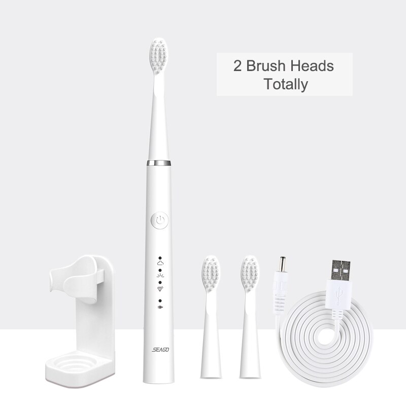 Cepillo de dientes eléctrico recargable sónico de SEAGO cepillo de dientes automático mejorado para adultos con 6 cabezales de cepillo: White-2 heads