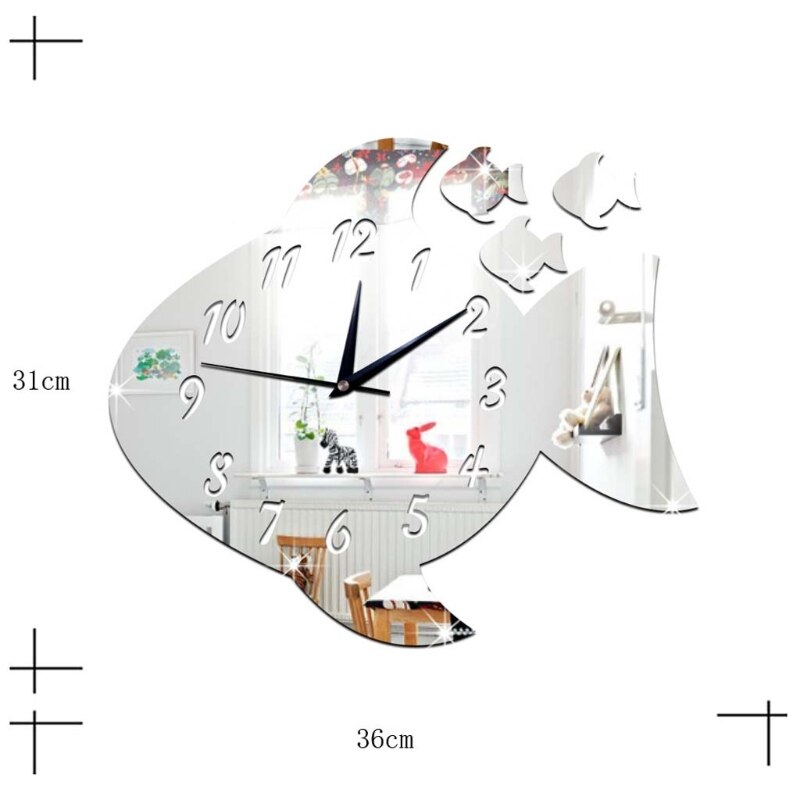 Leuke Vis Vorm Acryl Wandklok Spiegel Sticker Horloge Diy Sticker Voor Kinderkamer Q6PD