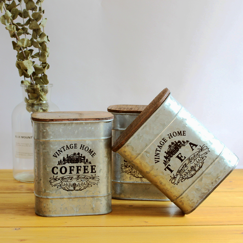 Retro nostalgisk järnlåda tretäcke te kaffe socker förvaringsburkar vintage godis diverse saker kan