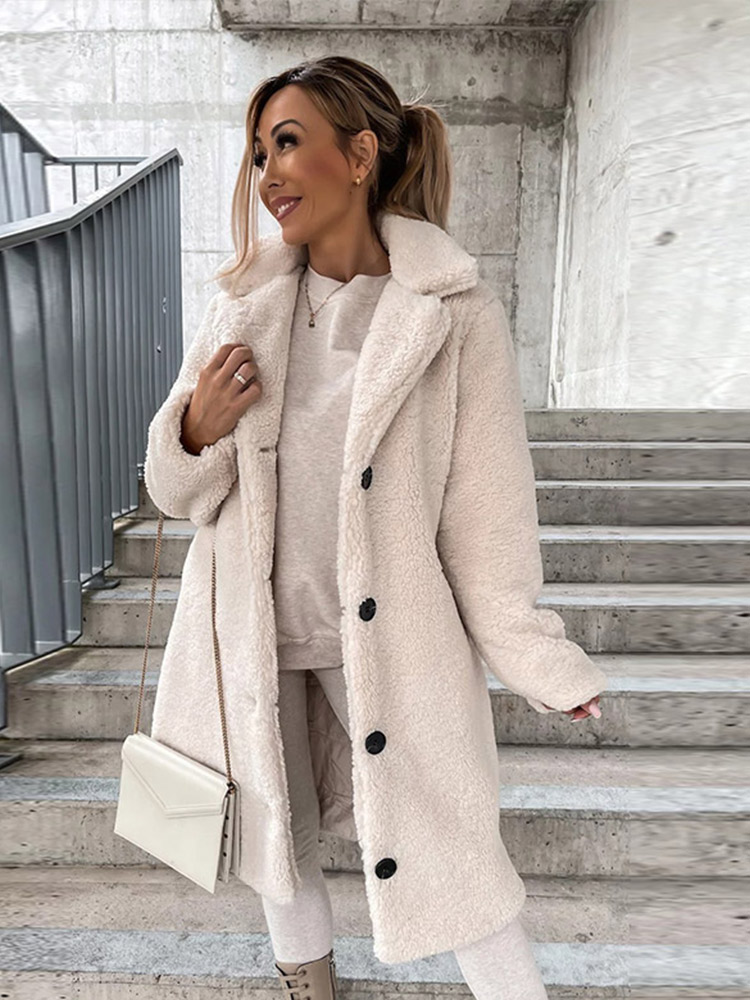 Chaqueta de borreguito para mujer, abrigo de manga larga con cuello vuelto y botonadura única, prendas de vestir de lana esponjosa para invierno, 2024