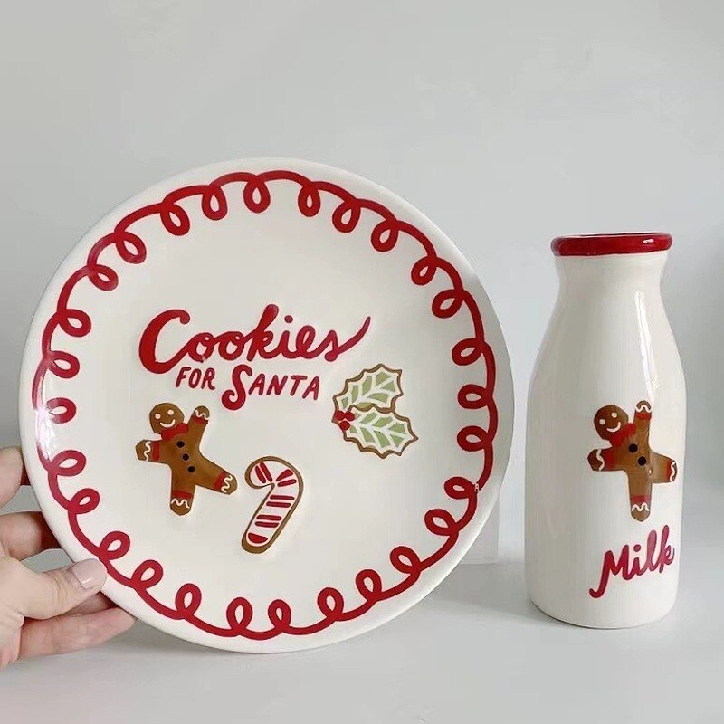 Korean Style Christmas Cartoon Gingerbread Man Ceramic Plate Candy Red Lace Cake Dessert Plate Charger Plates