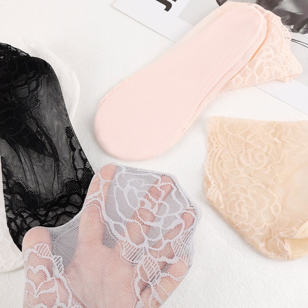 Calcetines tobilleros invisibles antideslizantes para mujer y niña, medias de malla de encaje con flores, elásticas, ultrafinas, 5 pares