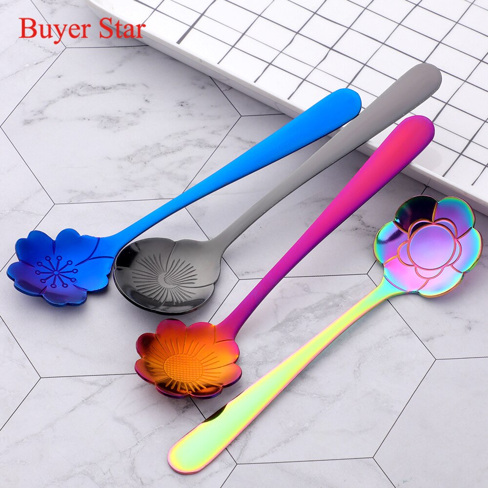 8PCS Mini Cute Flower Stainless Steel Teaspoon Coffee Metal Golden Soup Dessert Spoon Tablespoon Dessert Spoons Kitchen Utensils