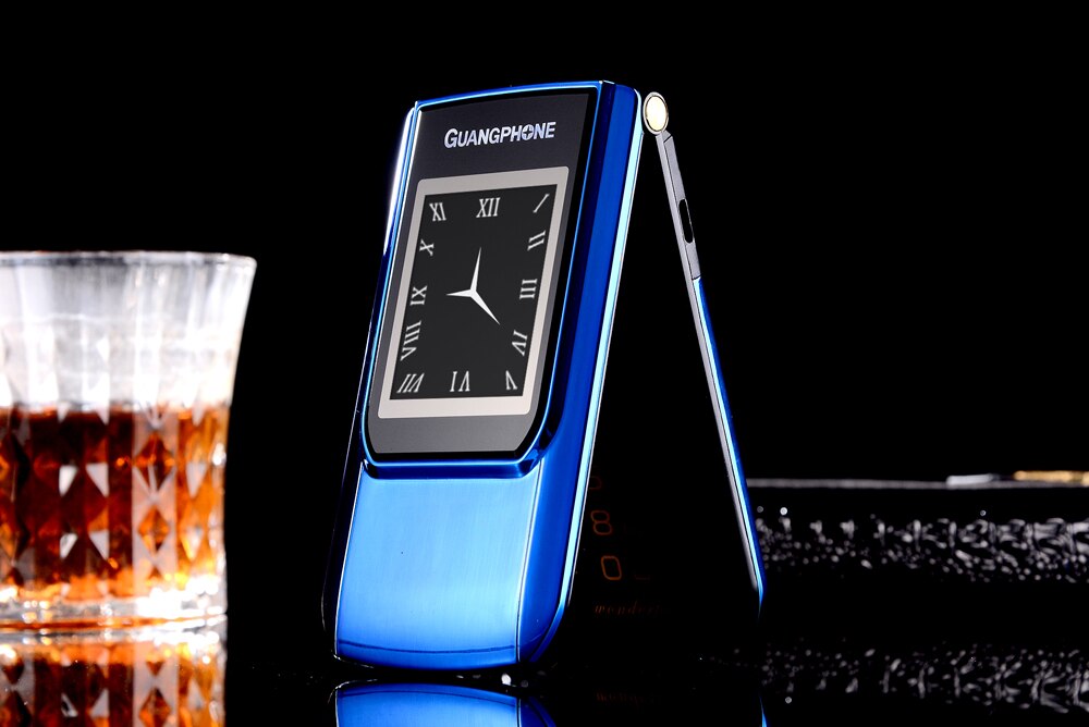 2G GMS Slim Flip Dual Screen Cheap Senior Touch Mobile Phone SOS Speed Dial Dual Sim Russian Key Cell Phone For Elder P047: add 8G TF card / Blue