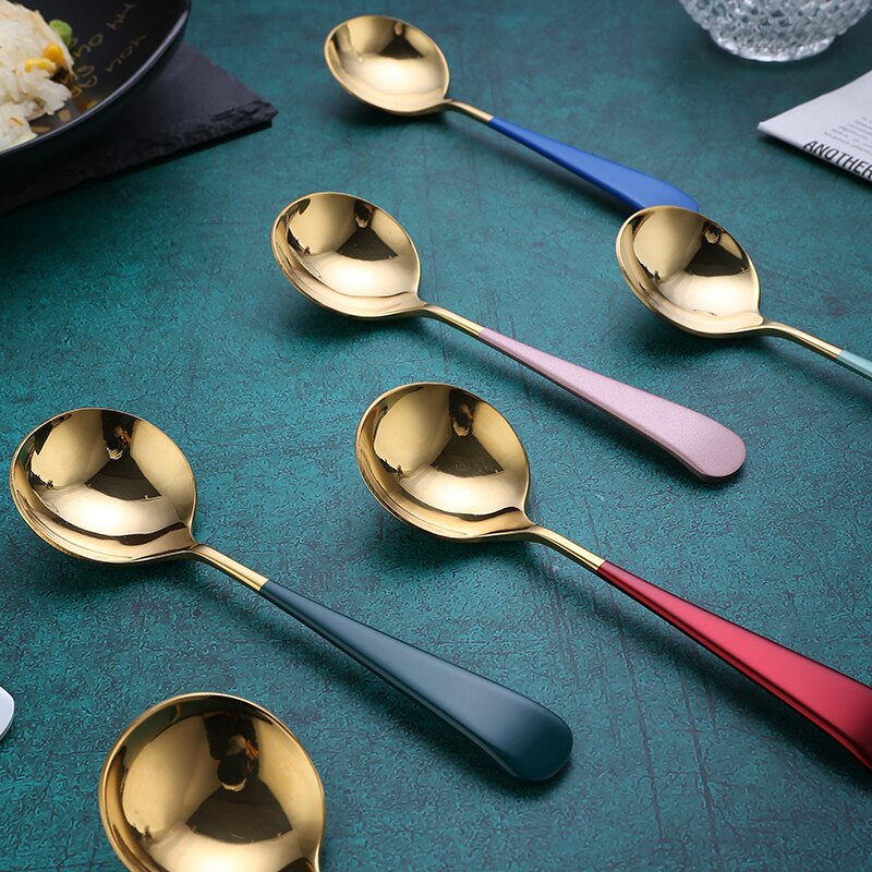 Coffee Spoons Stainless Steel Dessert Spoons Kitchen Utensils Round Spoons 7Colors 1pcs Serving Spoon