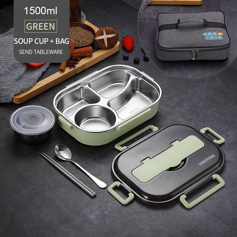 WORTHBUY Japanese Kids Lunch Box With Tableware Bowl 304 Stainless Steel Food Container With Compartments Microwave Bento Box: Green With Bag