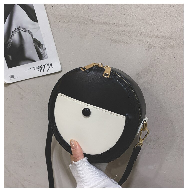 Small Round Shoulder Bag - PU Leather - Single Strap - Zipper Closure - Casual Tote: Black