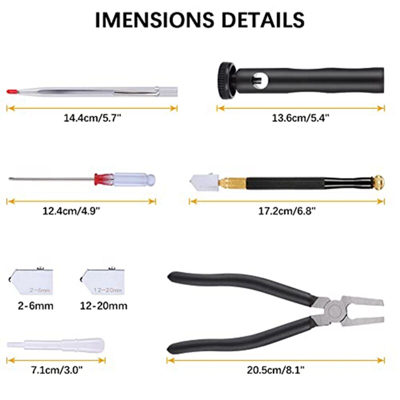 Glass Cutter Kit With Booster Bar Assist, 2-6,6-12,12-20 Mm Glass Cutter Head With Flat Glass Pliers For Cutting Mirror