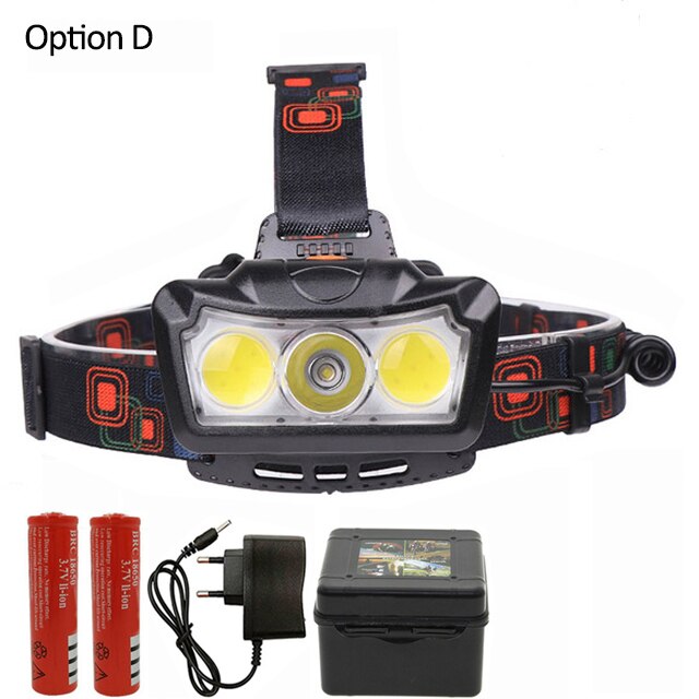 Super Heldere Led Koplamp T6 + 2COB Led Koplamp Koplamp Waterdichte Zaklamp Lanterna Hoofd Licht Gebruik 2*18650 batterij Voor Camping: Option D