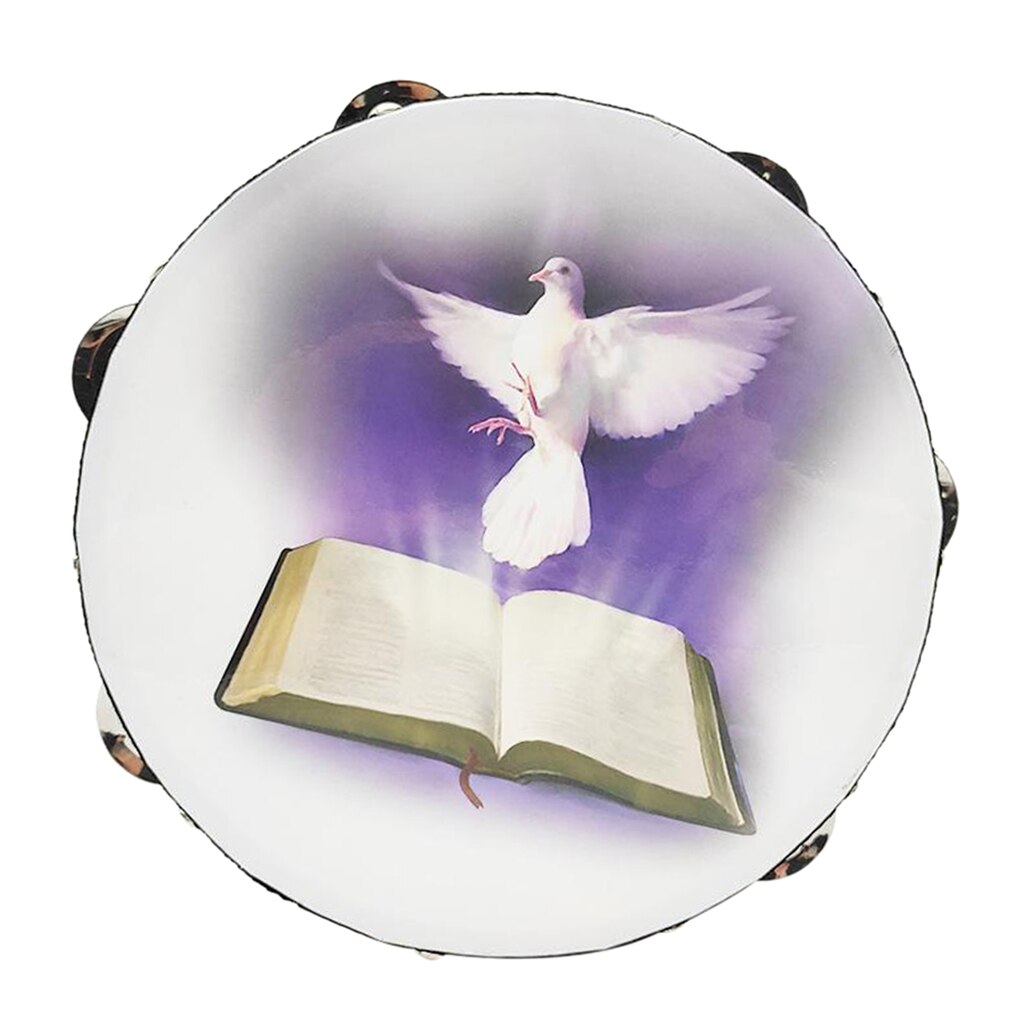 8 zoll Holz Handheld Tamburin Zweireihig, Tamburine mit Jingle Glocken & Bibel Muster