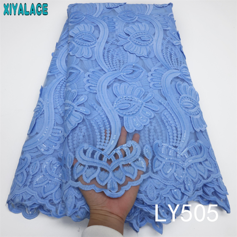 African French Net Lace Fabric Royal Blue Milk Silk Lace Fabric with Sequins Embroidered Nigerian Tissue Cord Lace Fabric LY505: LY505-1