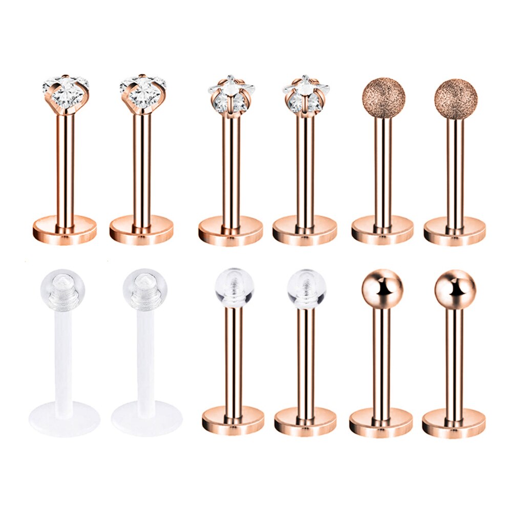 12~16Pcs/Lot Stainless Steel Lip Labret Piercing Studs Set Lengua Monroe Barbell Lip Ring Tragus Cartilage Conch Ear Piercing: CDTZ002RG 12Pcs