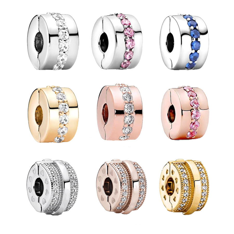 , cuentas con Clip pavimentado de fila rosa y oro rosa transparente brillante, compatible con pulsera Pan de Plata de Ley 925 Original, joyería DIY