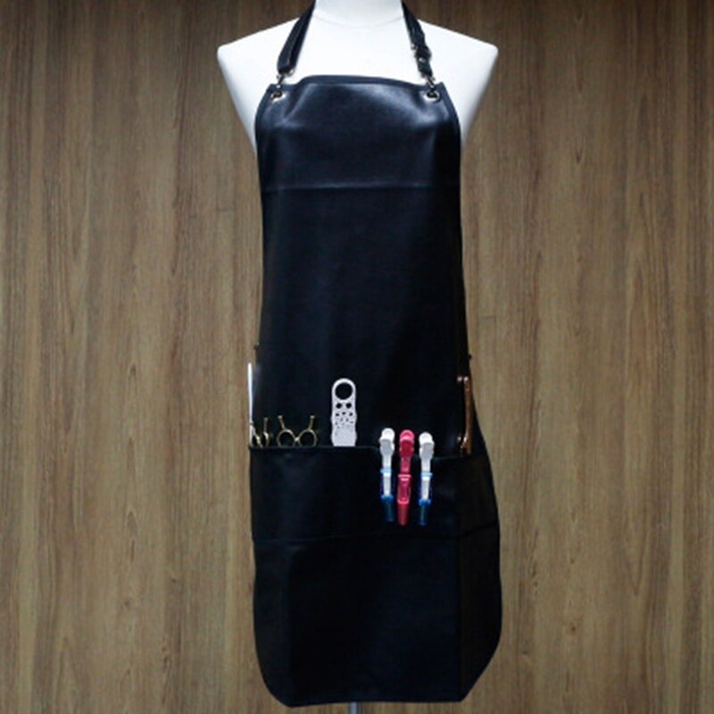 Tablier de barbier avec poches en cuir imperméable à l'eau PU tablier de coiffure Cape coupe Cape de cheveux pour barbier