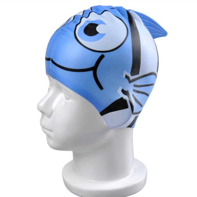 Swimming Cap kids Silicone Waterproof Protect fish Ear Shark Swim Pool Hat children Cartoon Boys Girls Diving hats: Blue