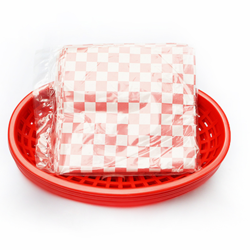 6pcs Plastic Fast Food Basket Red Checked 24pcs Wax Paper Baking Liner Hamburger Fries Baskets Kitchen Restaurant Tray