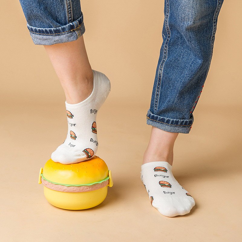 Hamburger Pizza Sandwich fuochi francesi ciambella cibo calzini invisibili barca estiva no mostrare calze antiscivolo corte da donna in silicone