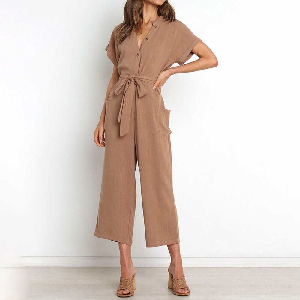 Women's Summer Jumpsuit Short Sleeve V Neck Loose Fit Tie Waist Overall Pants Woman's Costume with Pockets Wide Leg
