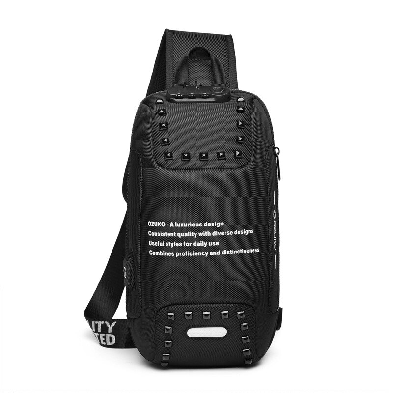 Brand Sling Waterproof Rivet Men Chest Bags Anti Theft Password Lock USB Charging Port Women Shoulder Bag Reflective