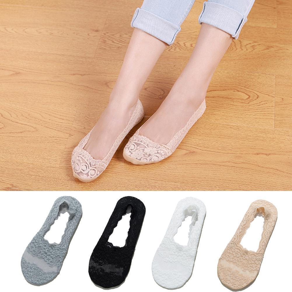 Calcetines náuticos de encaje para mujer, de silicona, antideslizantes, finos, de algodón, transpirables, cortos, florales, bordados, C6P0