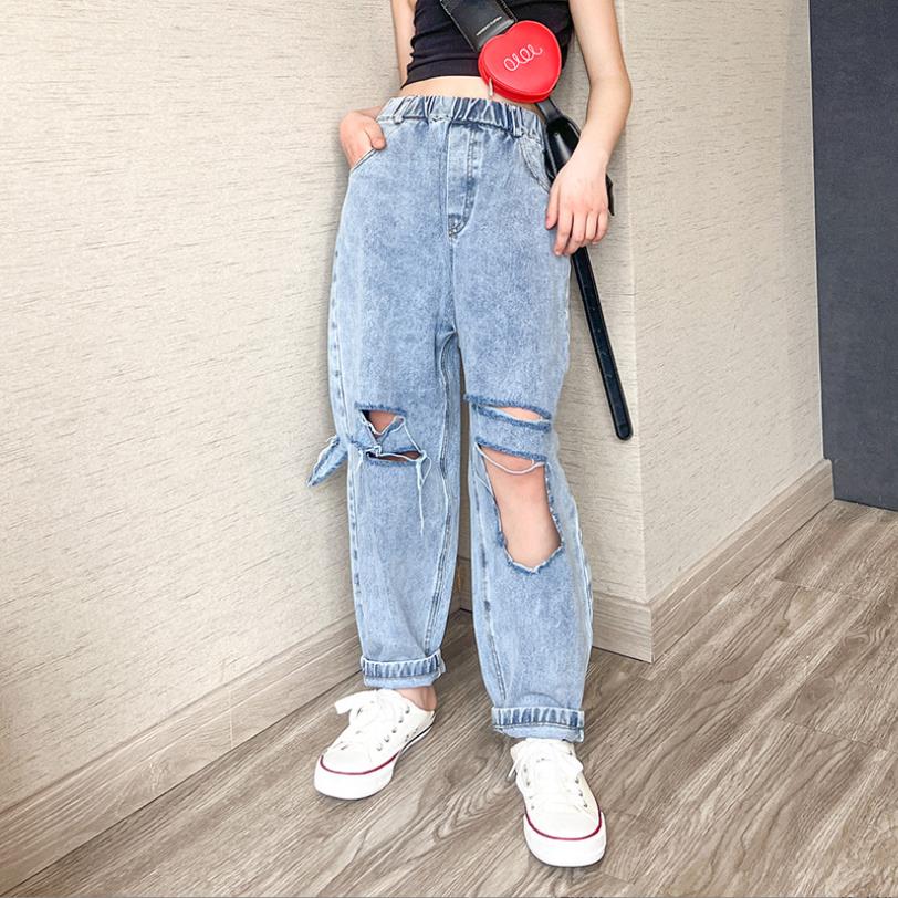 Pantalones vaqueros Con agujeros para bebés y niños, Jeans de cintura elástica para primavera y verano, 6-16 años, Wz650