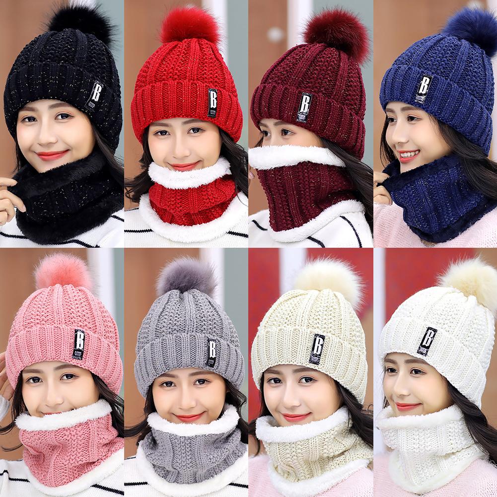 Winter Hats Women Thick Knitted Beanie Hat Plush Neck Gaiter Scarf Outdoor Riding Set Warm Cute Female Cap Soft Set