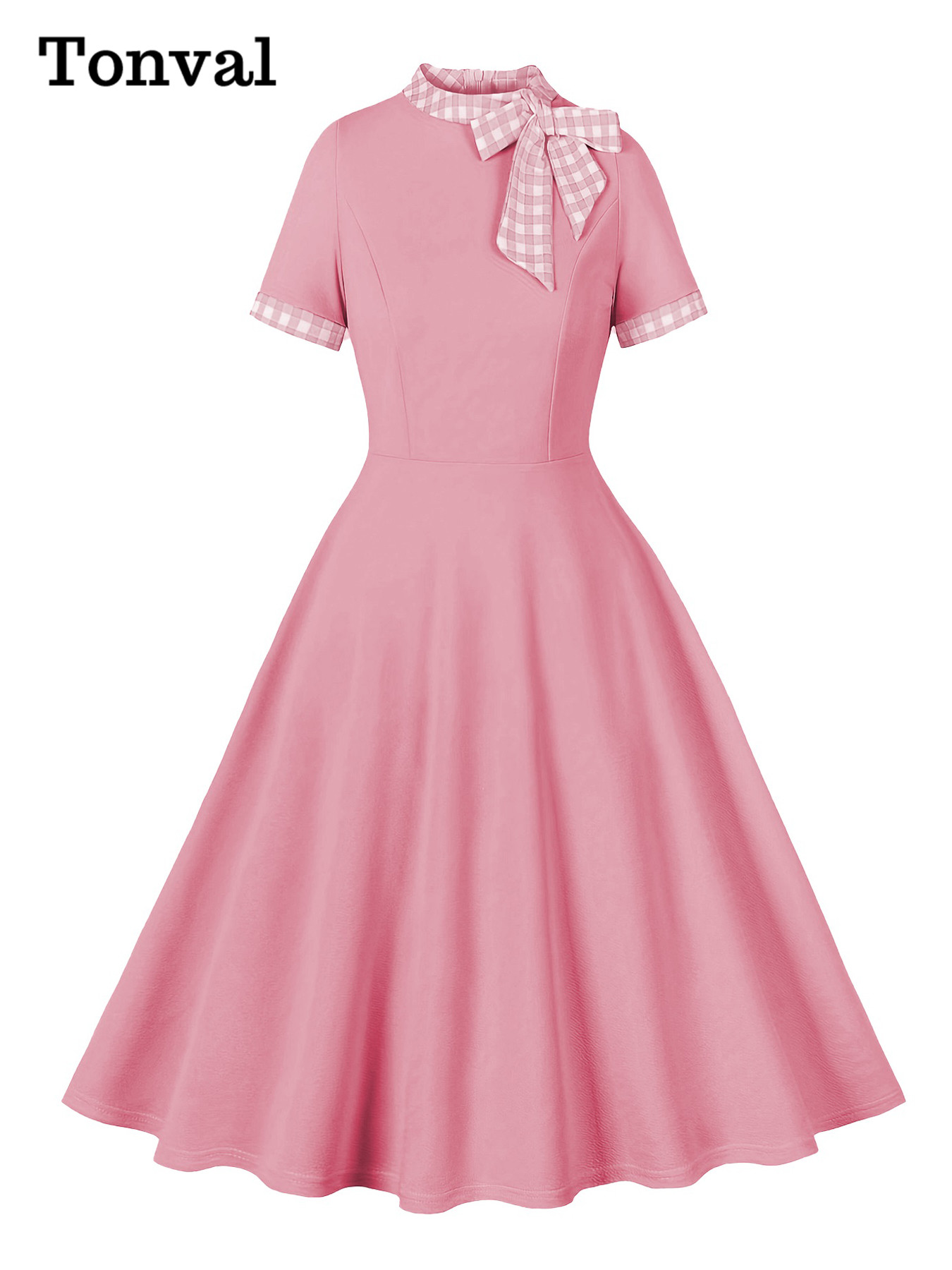 Tonval Contrast Plaid Tie Neck 1950s Dresses Birthday Women Gorgeous Clothes Summer A-Line Flare Dress