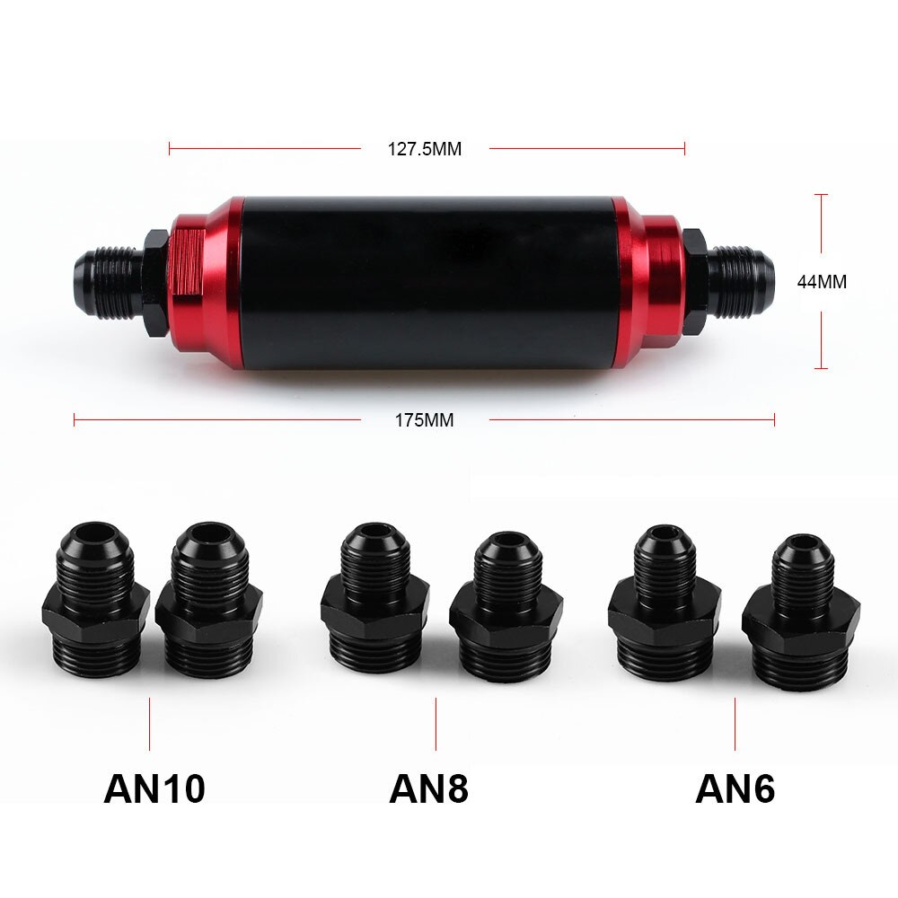 40Micron Universal Car Racing In-Line Fuel Filter System With AN6AN8 AN10 Fitting Adapter Black