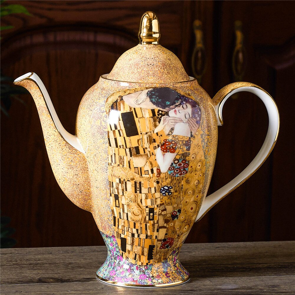 Luxury Bone China British Tea Cup Set Gustav Klimt Porcelain Coffee Set Ceramic Teapot Creamer Sugar Bowl Milk Jug Coffeeware: coffee pot