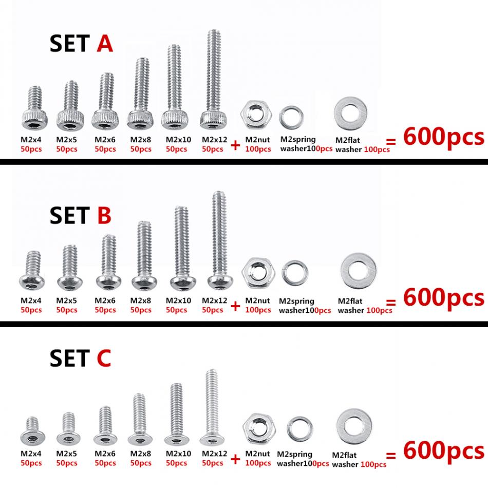 600 stks M2 Moeren En Bouten Set Hex Socket Schroeven Bolt 304 Rvs Schroeven Moeren Met Hex Moeren ringen