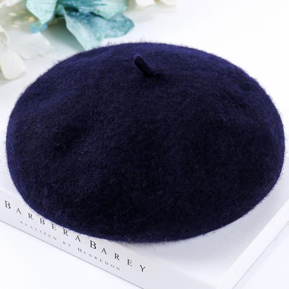 Showersmile dames warme baretten gele wollen franse baretten hoeden dames verstelbare zachte petten artistieke winter schilders hoed: Marineblauwe hoed