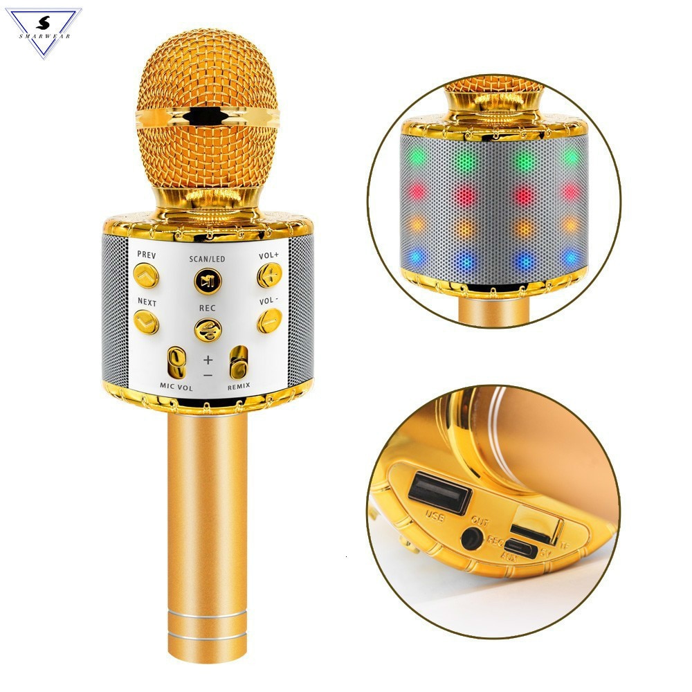Ws858 L Wireless Karaoke Microphone Bluetooth Speaker Led Light Handheld Sing & Recording Portable KTV For IOS/Android Phone