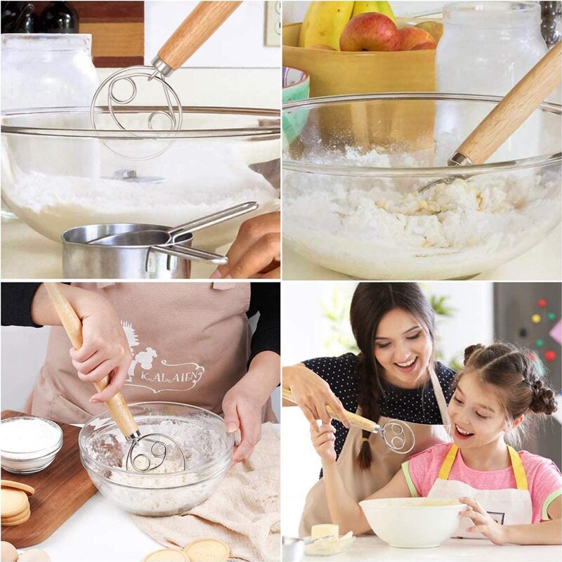 Stainless Steel Danish Dough Whisk Wooden Handle Pizza Bread Dough Mixing Whisk Tool Kitchen Baking Tools Artisian Blender