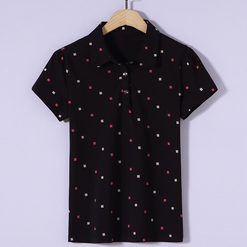 2022 Zomer Korte Mouwen Slanke Vrouwen Revers Gedrukt Wilde Polo Casual Katoenen Grote Shirt: Xl / Black