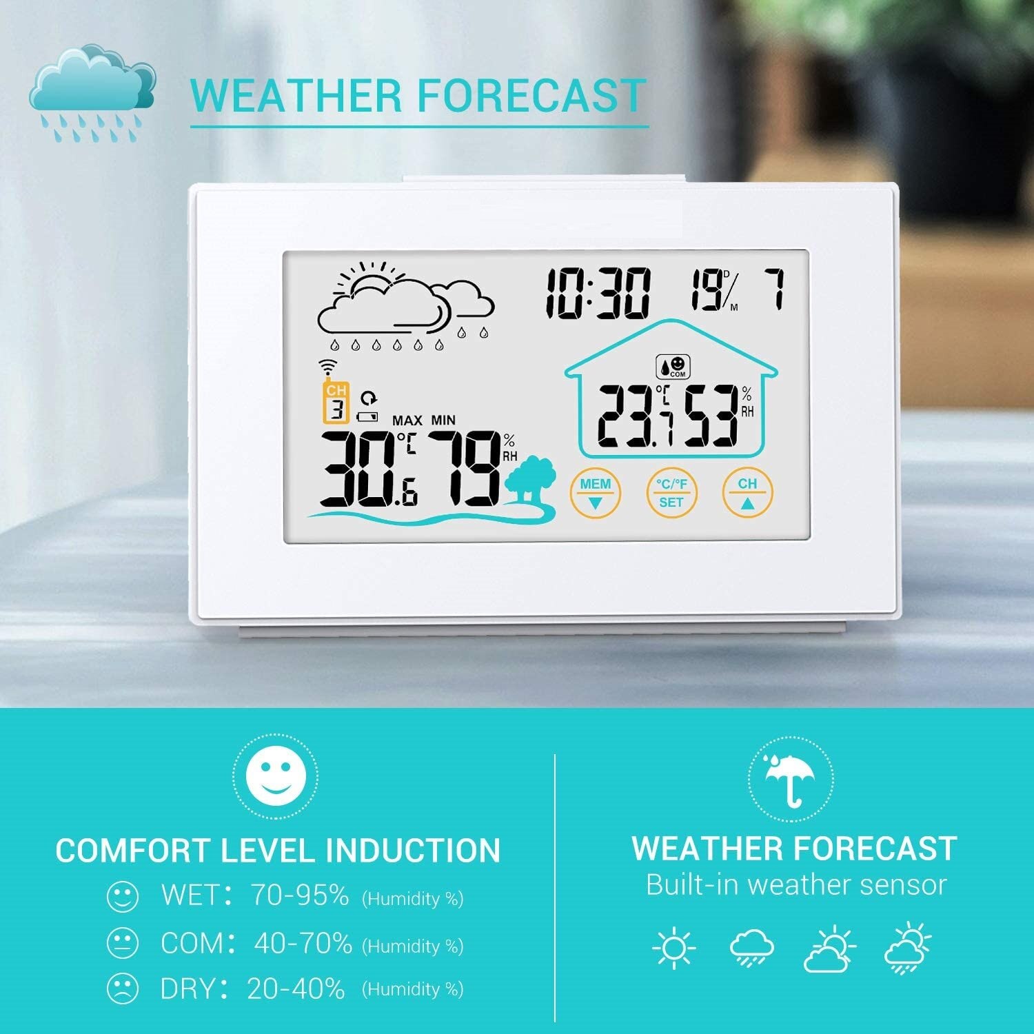 Digoo – Station météo thermomètre et hygromètre sans fil DG-TH8380, avec écran tactile, prévision extérieure, horloge