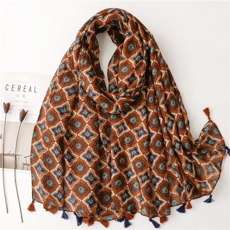 Bufanda de viscosa con borlas florales para mujer, chales y chales, Hijab, banda para el cabello femenina, pañuelo musulmán de lujo, pañuelos Echarpe de 180x90Cm: Púrpura claro