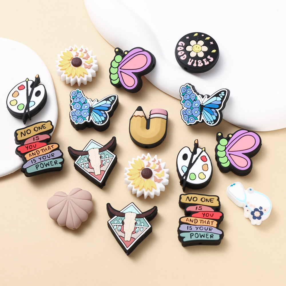 10Pcs Silicone Beads Learing Supplies Drawing Board Focal Loose Beads for Jewelry Making DIY Bracelet Keychain Accessories