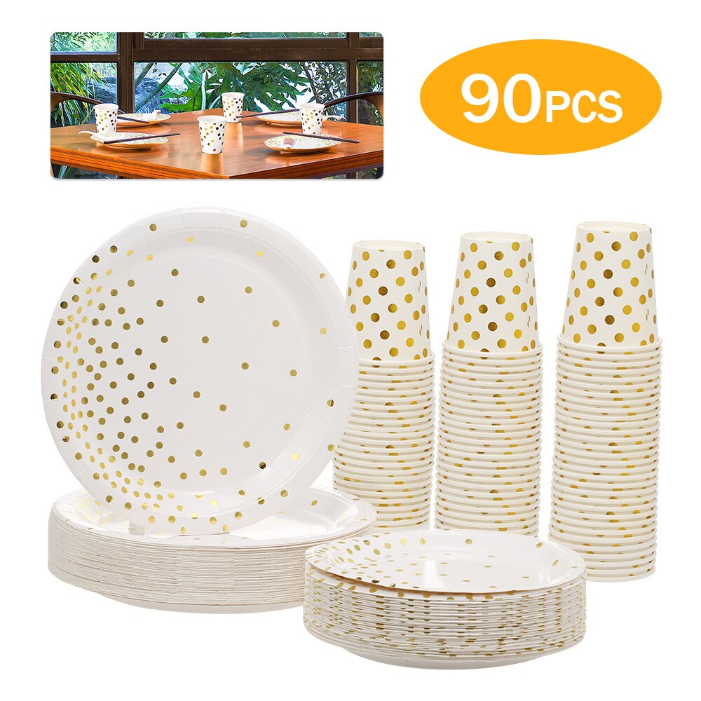 90Pcs Disposable Dinnerware Paper Plates Pack Of 9Oz Paper Cups 7" Plates 9" Plates Dinner Plates Dessert Plate Beverage Cups: Default Title