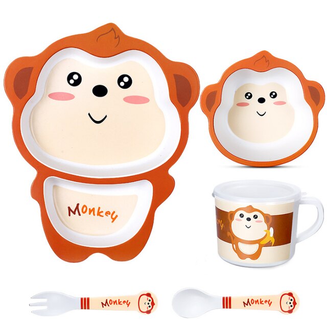 5 unids/set bebé plato niños de dibujos animados de alimentación platos niños Natural de fibra de bambú de vajilla con tazón tenedor Copa cuchara de placa: monkey
