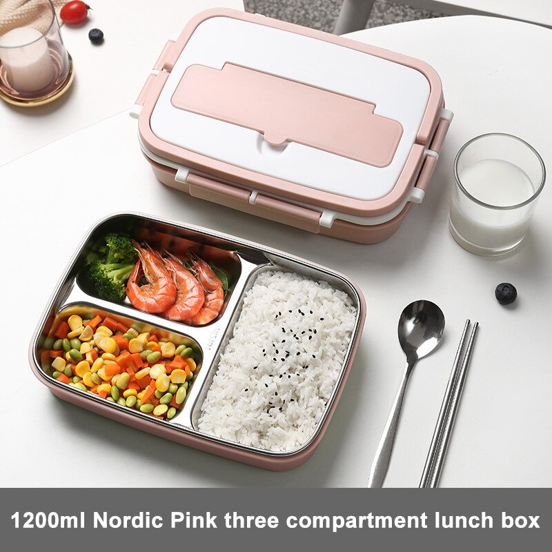 Draagbare Lunch Box Rvs Bento Box Met Servies 3/4 Compartiment Voedsel Container Lekvrije Lunchbox Voor School Office: 3 Grid Pink